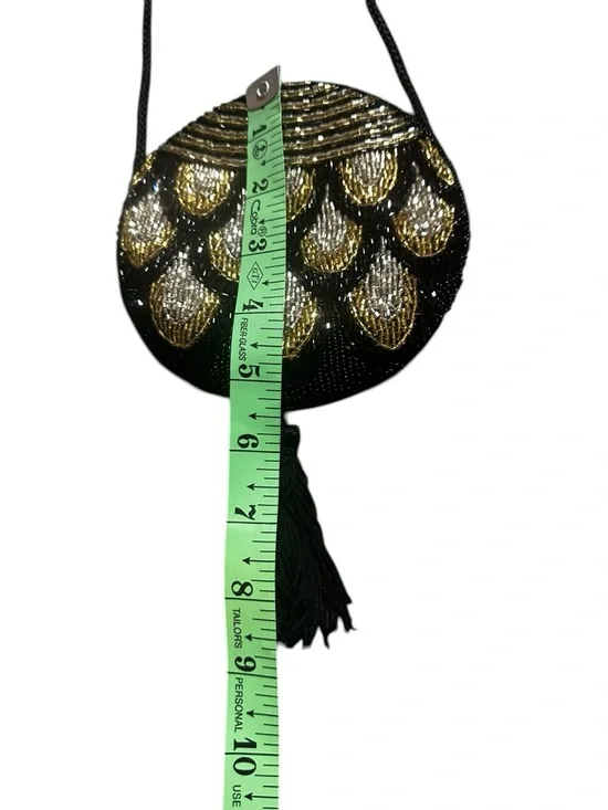 Vintage 90s Black Gold Silver Beaded Tassel Round Mini Purse w/ Rope strap - Picture 5 of 9
